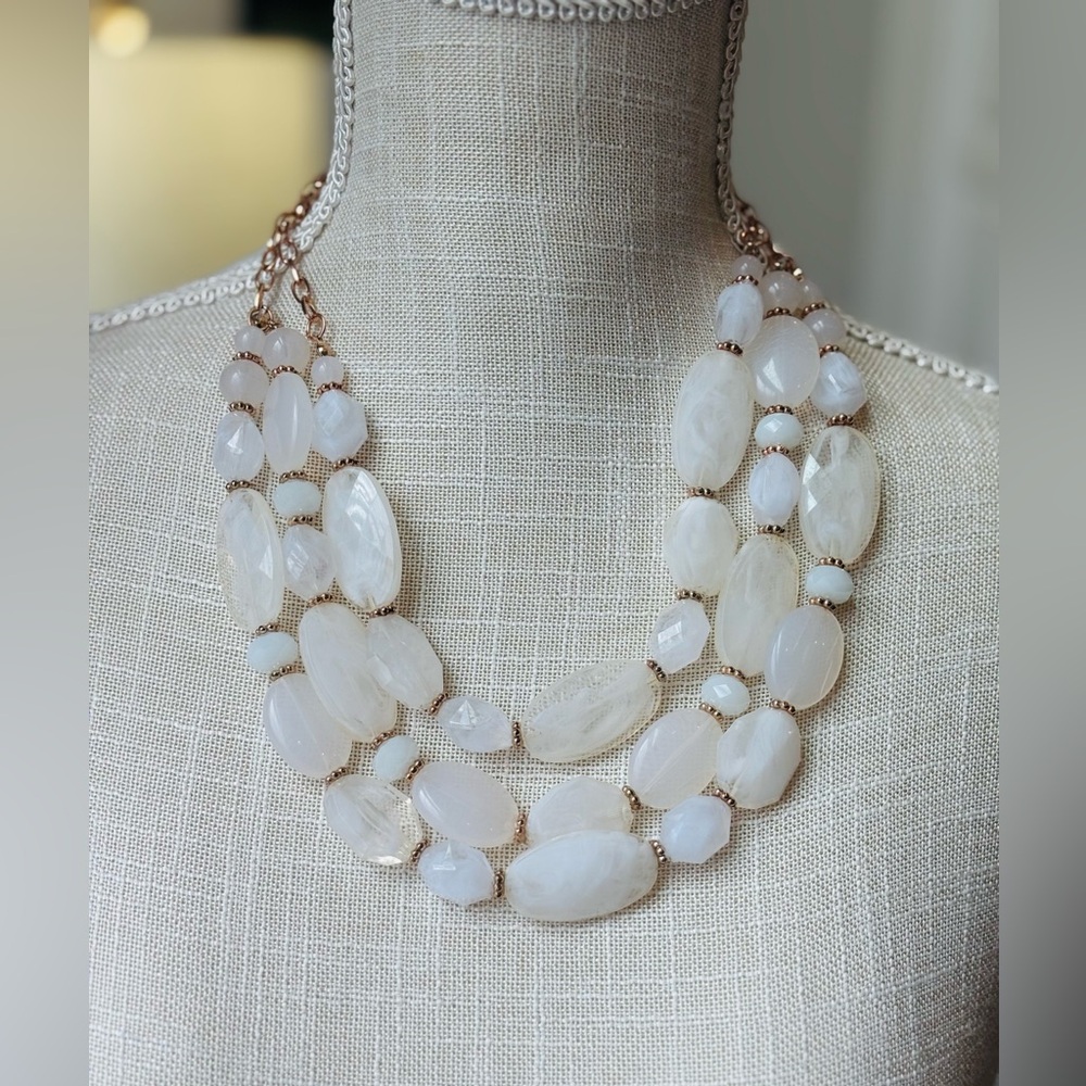 Chunky Ivory Glass Bead Statement Necklace. 3 Strand | Adjustable | Neutral EUC